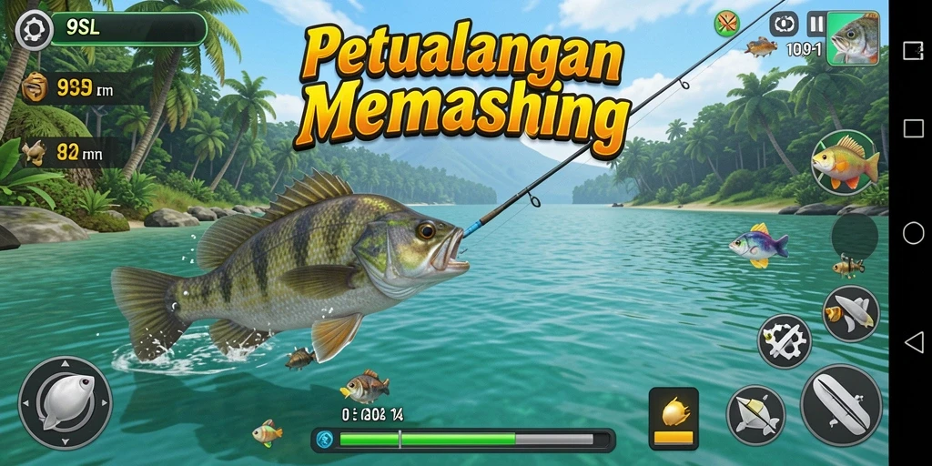 Screenshot menunjukkan aksi memancing seru di 9SL dengan efek visual menarik.