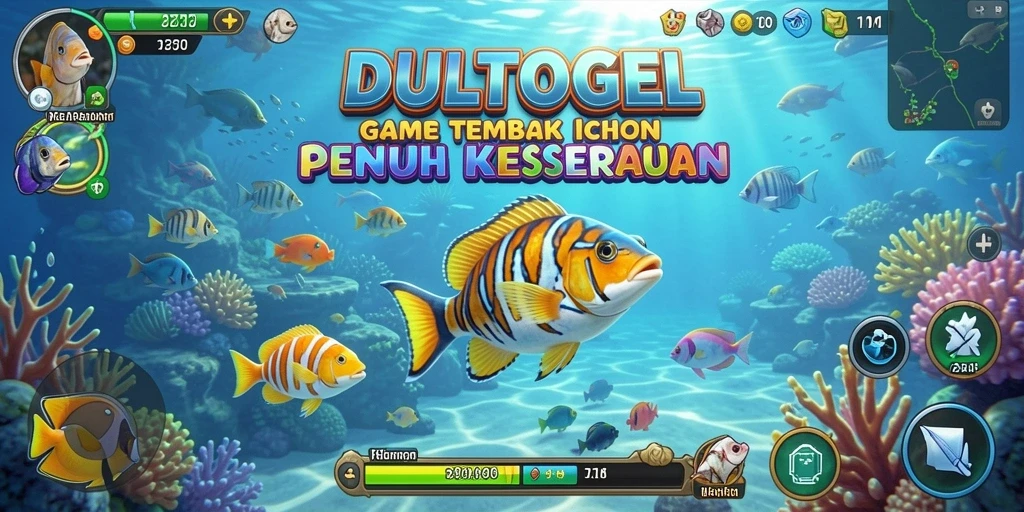 Gameplay seru DULTOGEL dengan berbagai jenis ikan yang menunggu untuk ditembak.