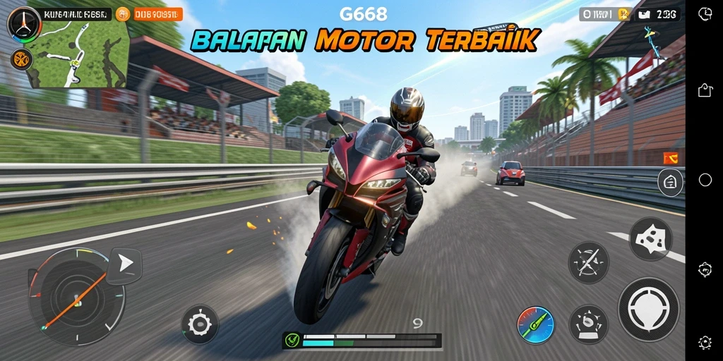 Screenshot gameplay G668 menampilkan balapan motor yang seru dan mendebarkan.