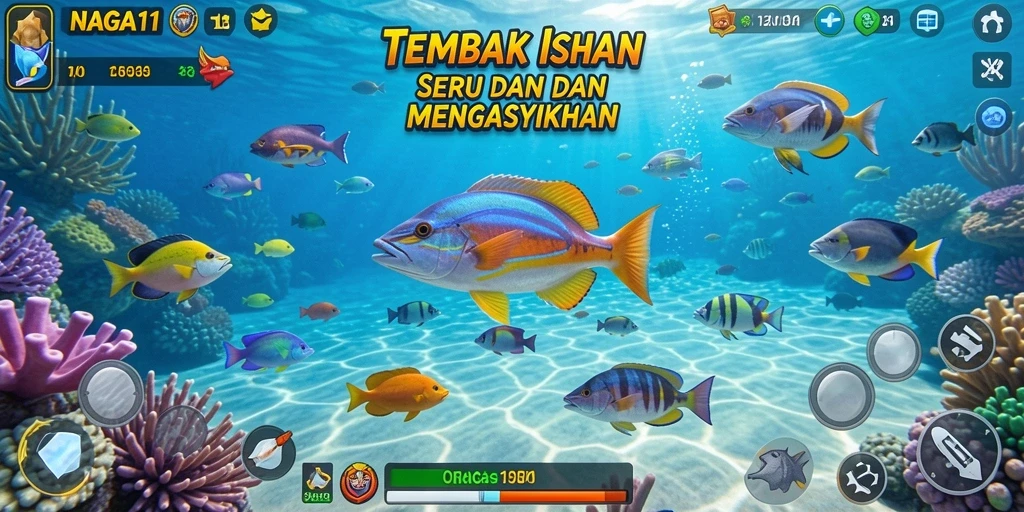 Gameplay seru dalam NAGA11 saat menembak ikan berwarna-warni.