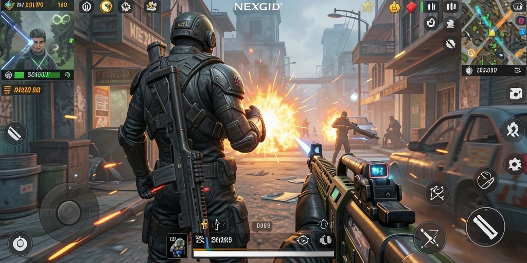 Screenshot gameplay NEXGID menampilkan aksi tembak-menembak intens.