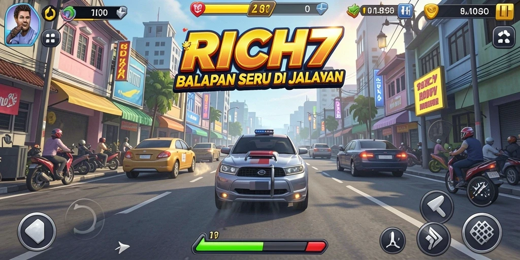 Gameplay seru dalam RICH7 menampilkan mobil balap yang melaju kencang.