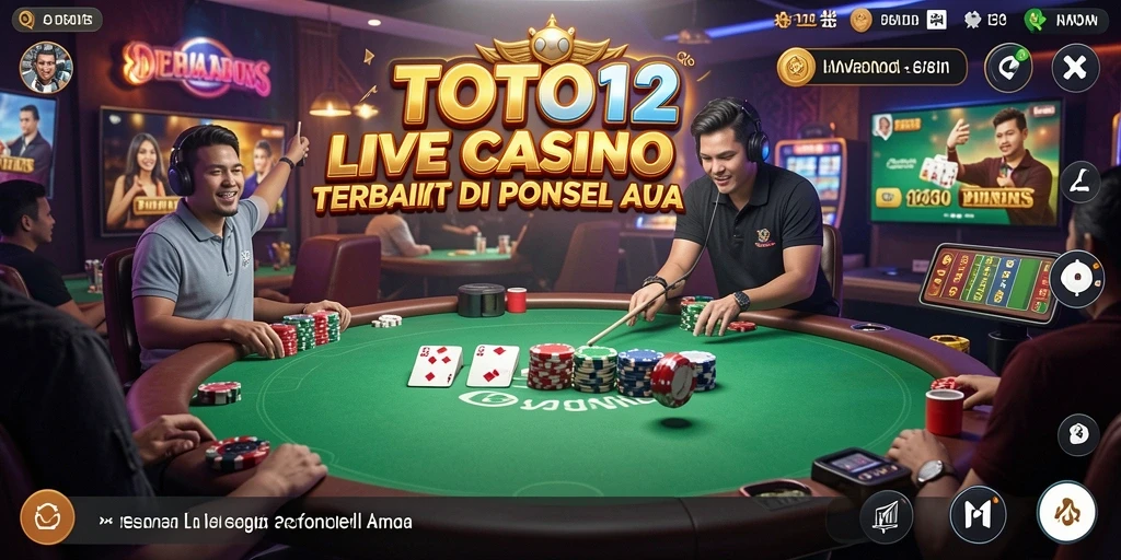Screenshot TOTO12 menampilkan dealer langsung dan suasana kasino yang mendebarkan.